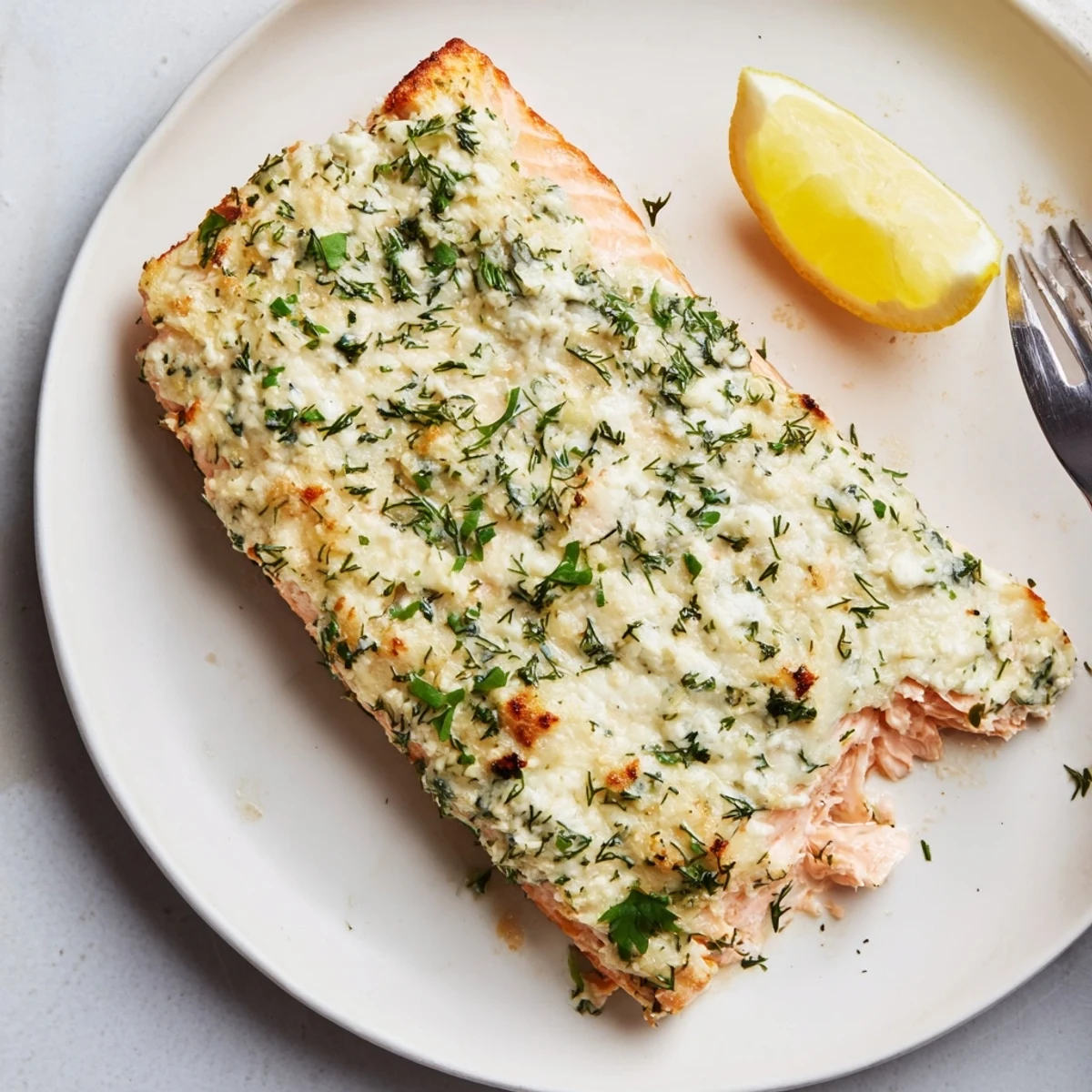 Creamy Boursin Salmon baked golden with fresh herbs and bright lemon wedges