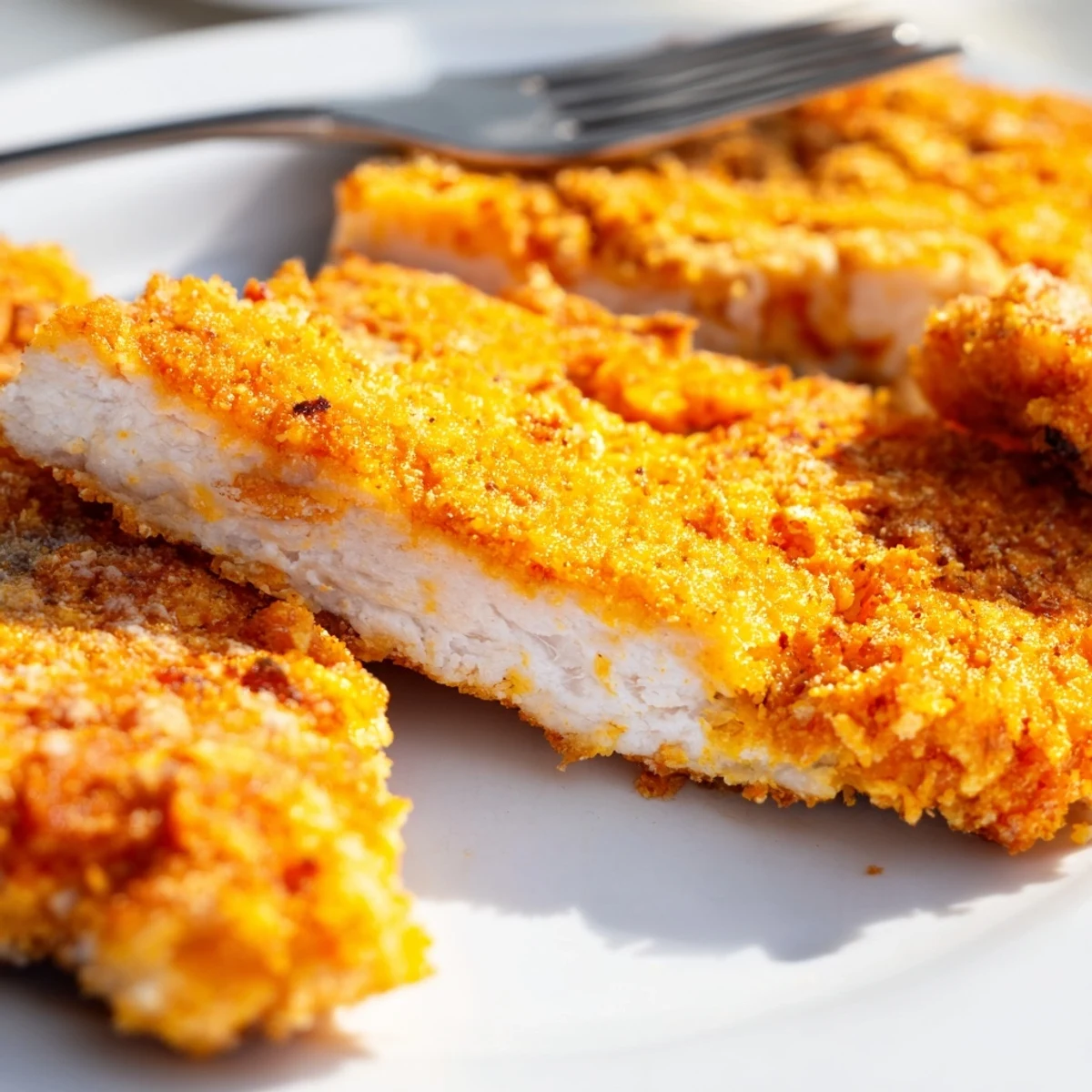 Juicy Paprika Parmesan Chicken sliced open revealing tender meat under a spiced cheesy crust