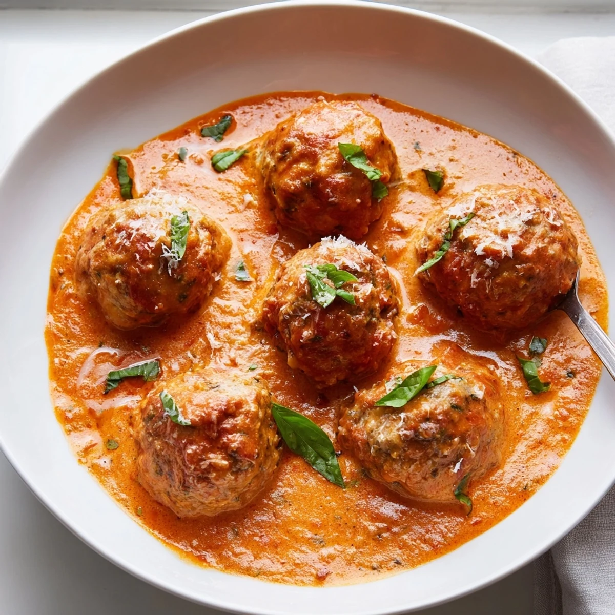 Golden brown creamy tomato basil meatballs nestled in a vibrant red sauce with fresh herb garnish