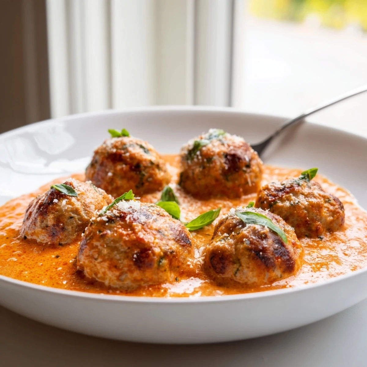 Steaming creamy tomato basil meatballs served over twisted pasta in a rustic white bowl