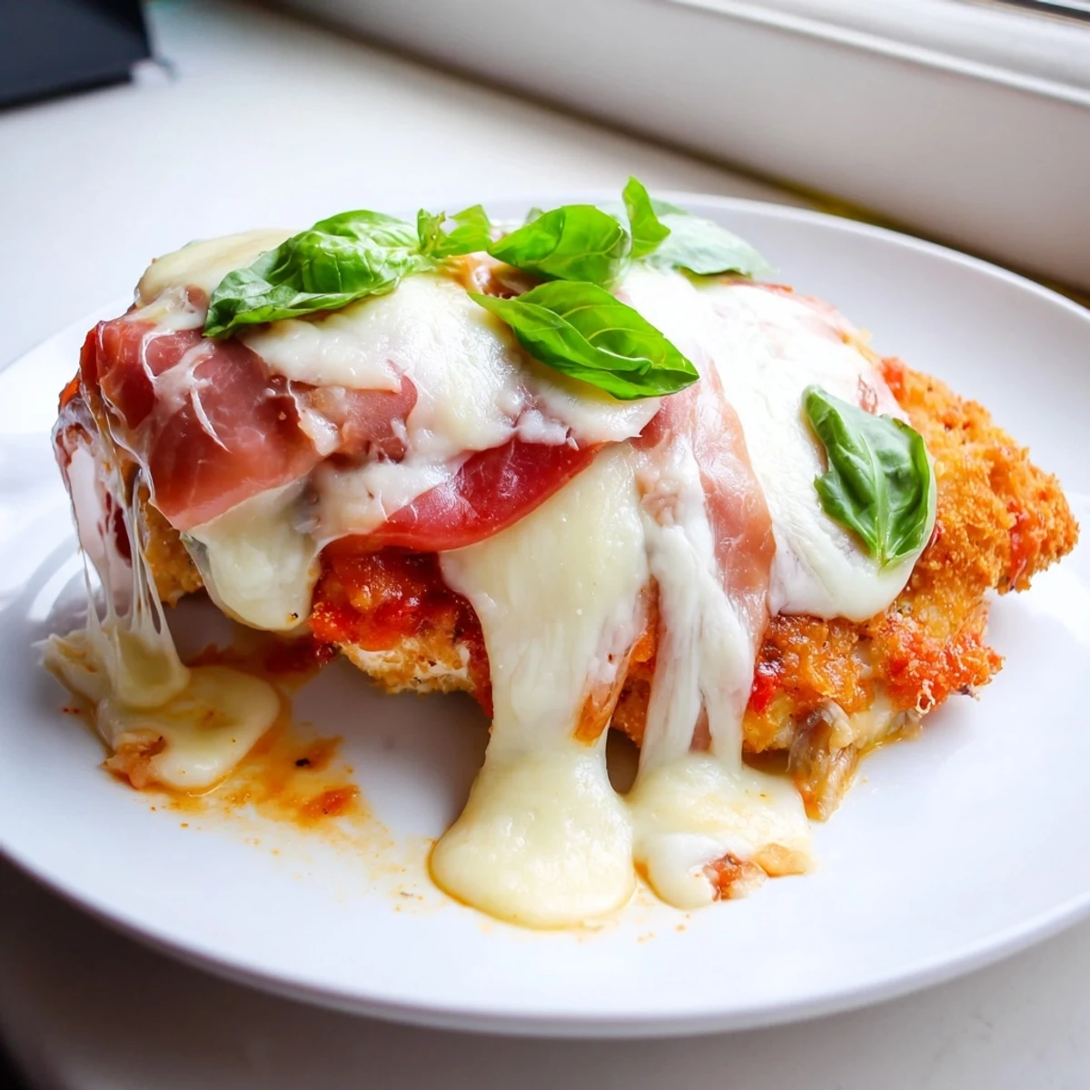 Golden Chicken Valdostana topped with melted Fontina cheese and crispy prosciutto slice