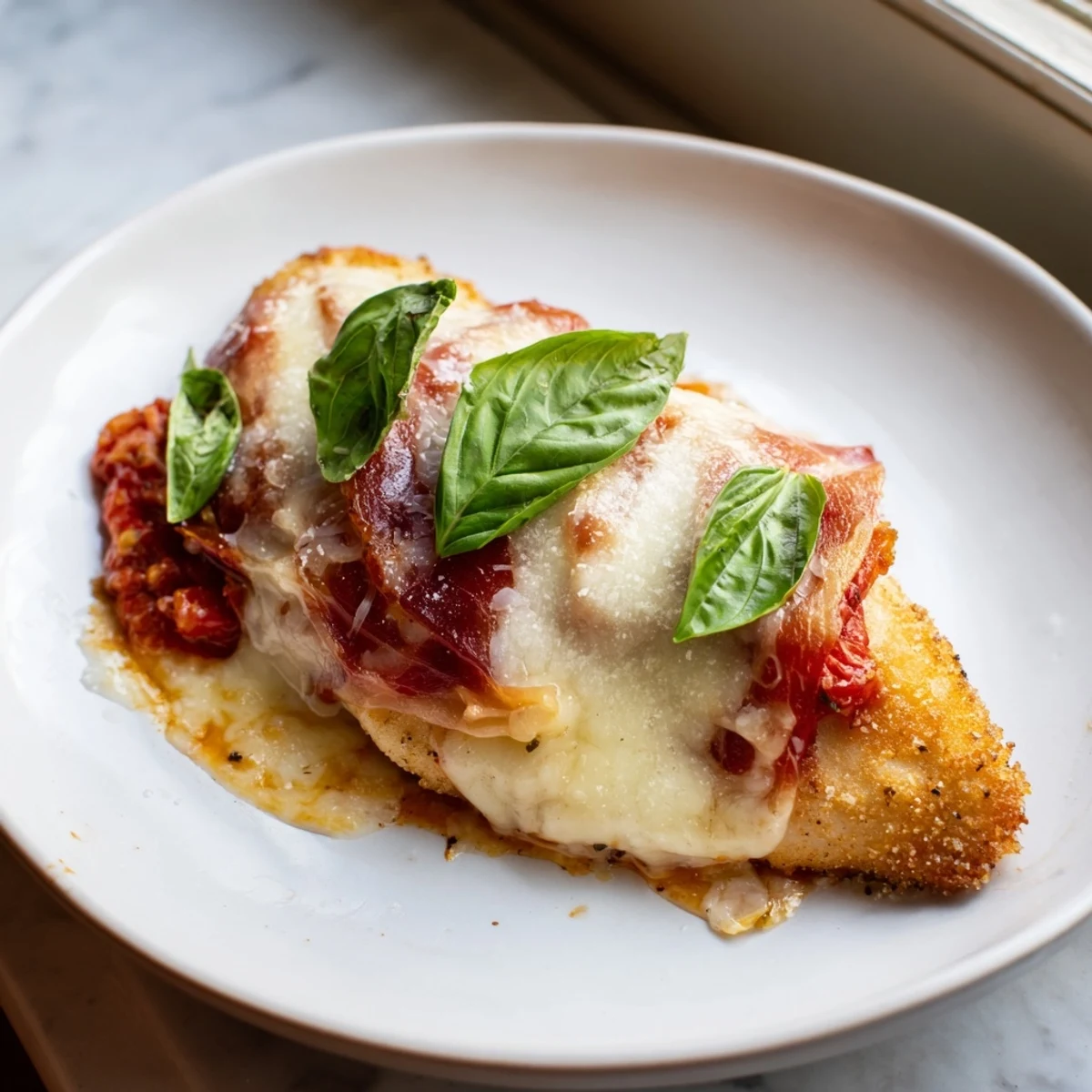 Creamy Chicken Valdostana smothered in bubbling cheese and light tomato basil sauce