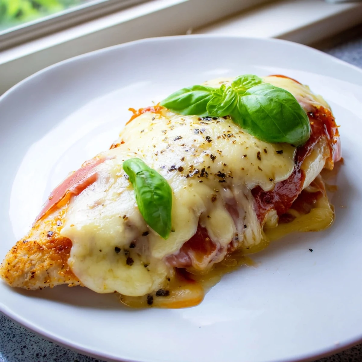 Breaded Chicken Valdostana with prosciutto and rich melted cheese in rustic skillet