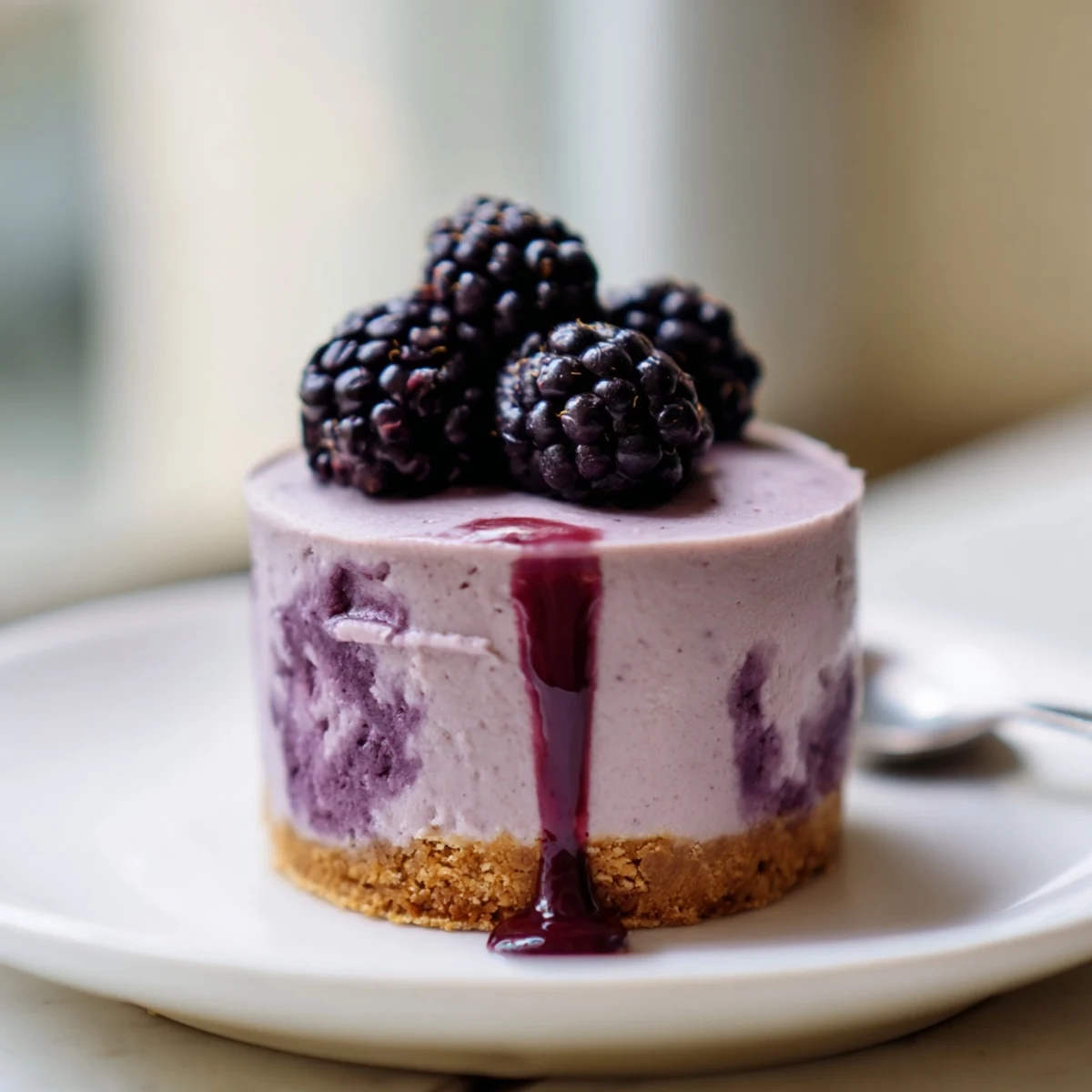 Creamy mini blackberry lavender cheesecakes with vibrant purple filling and buttery graham crust
