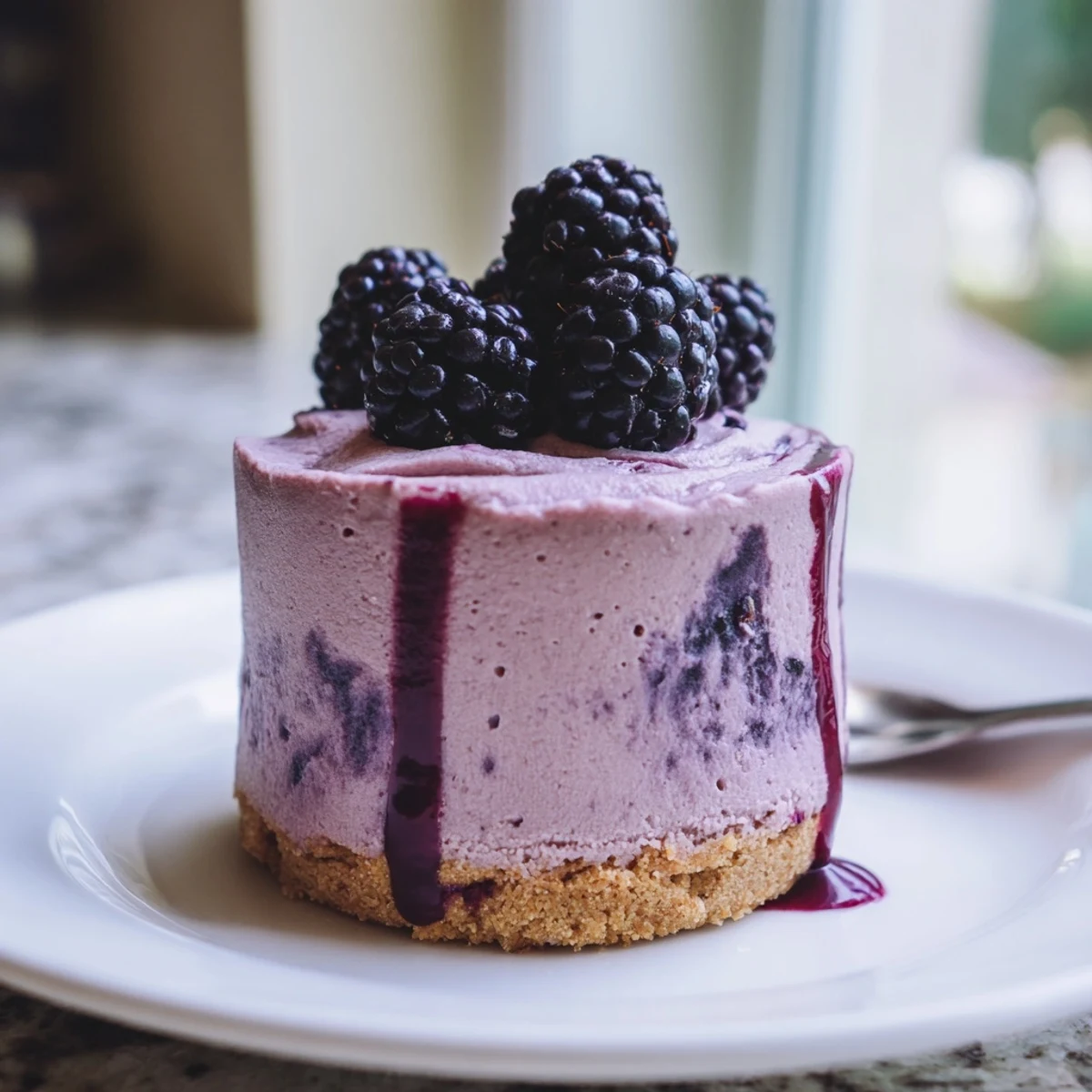No bake blackberry lavender cheesecakes topped with fresh berries and drizzled sauce