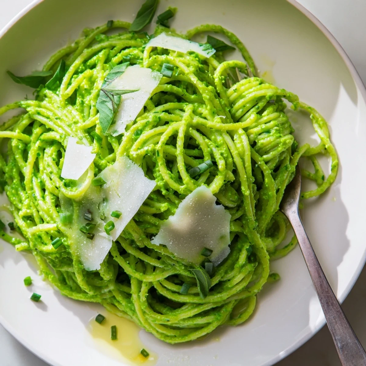 Luscious green goddess pasta sauce served in a white dish with lemon wedges