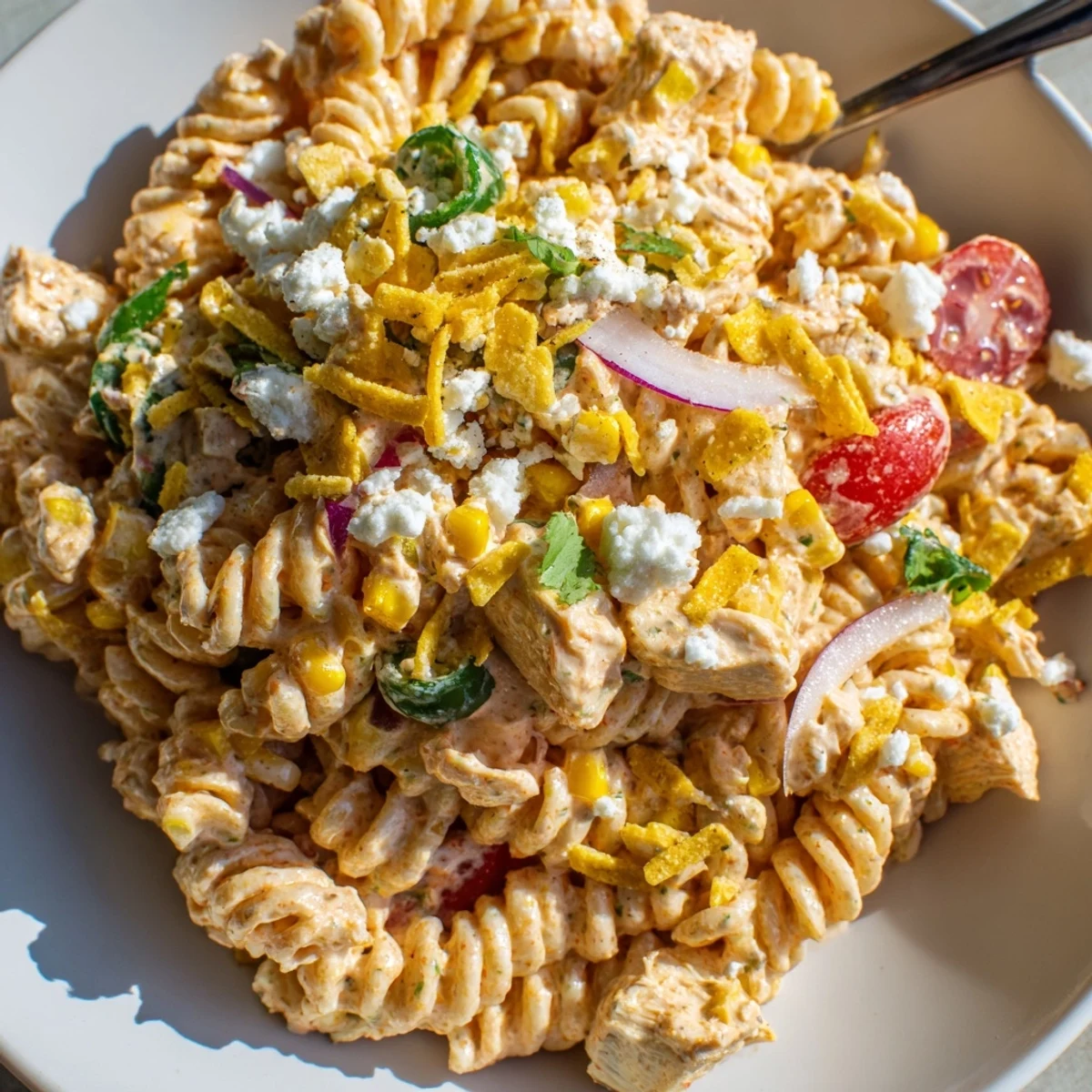 Creamy Mexican street corn chicken pasta salad topped with crunchy crushed tortilla chips