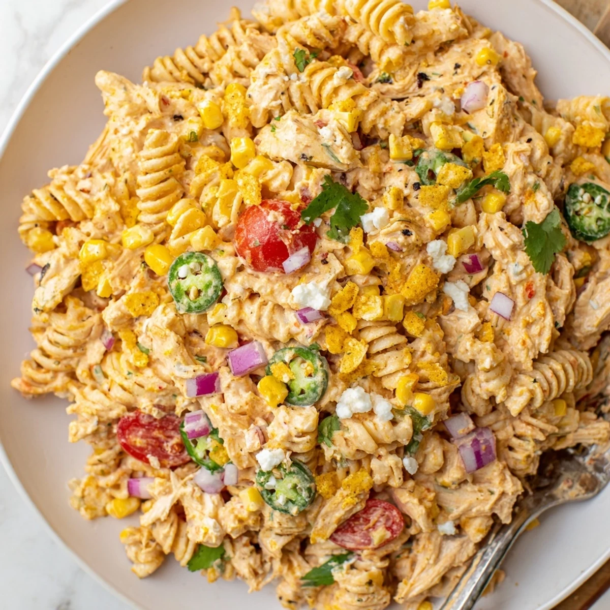 Vibrant elote style chicken pasta salad with charred corn and zesty lime dressing