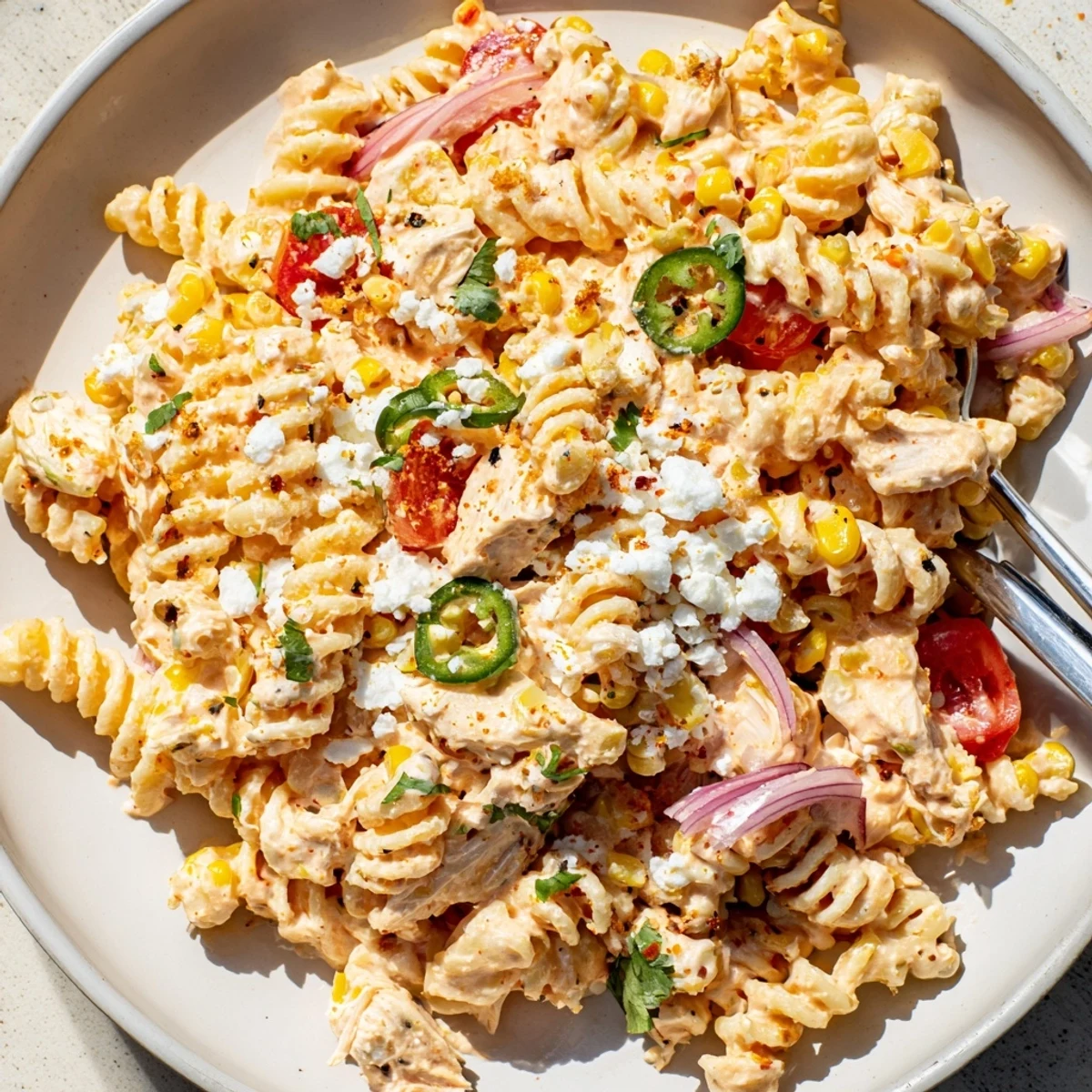 Hearty Mexican street corn chicken pasta salad loaded with fresh cilantro and cotija