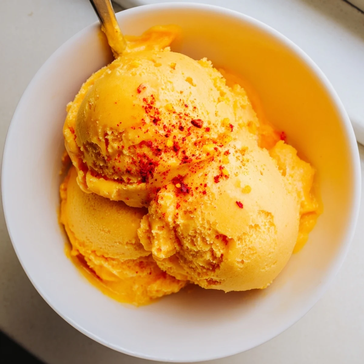 Creamy Chili Lime Mango Sorbet scooped into golden bowls with a sprinkle of chili
