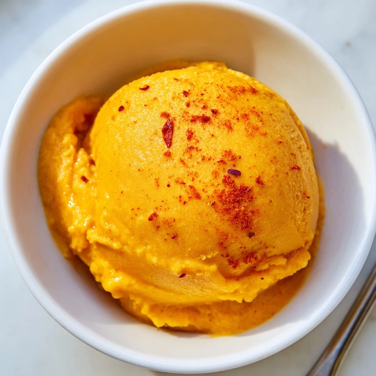 Smooth dairy-free Creamy Chili Lime Mango Sorbet served in chilled dessert cups with coconut