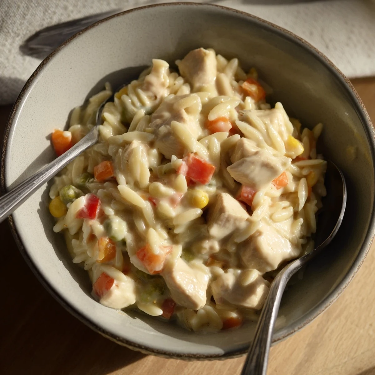 Steaming bowl of chicken pot pie orzo with peas, carrots, and creamy sauce.