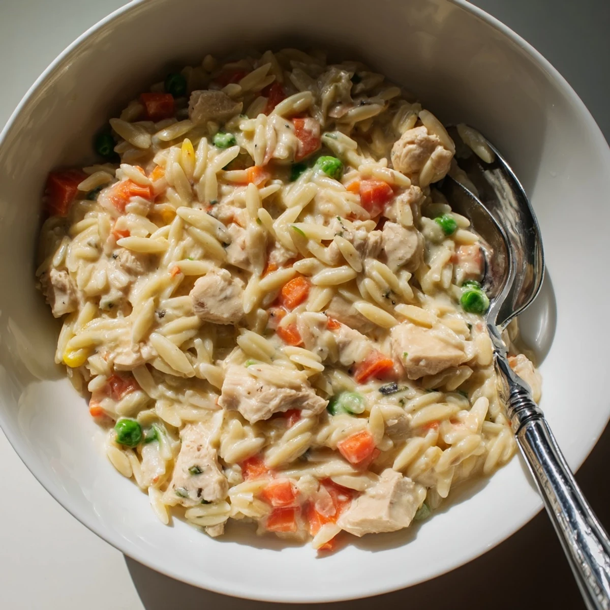 Spoon lifting creamy chicken pot pie orzo with golden chicken and parmesan garnish.