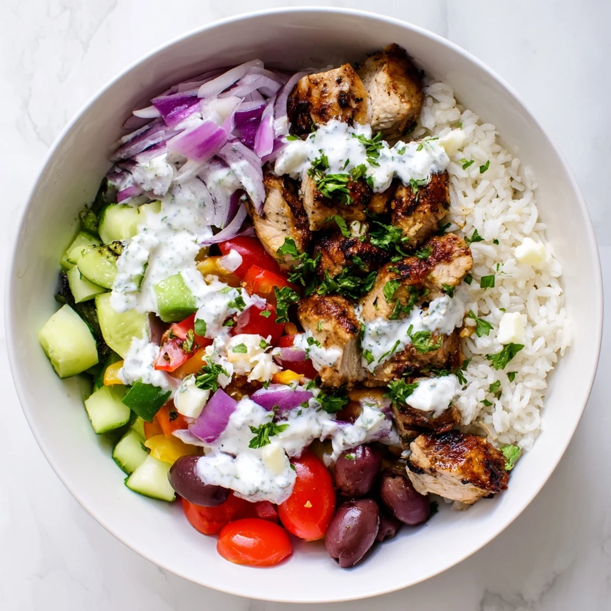 Colorful meal prep bowl with feta, olives, and juicy chicken.