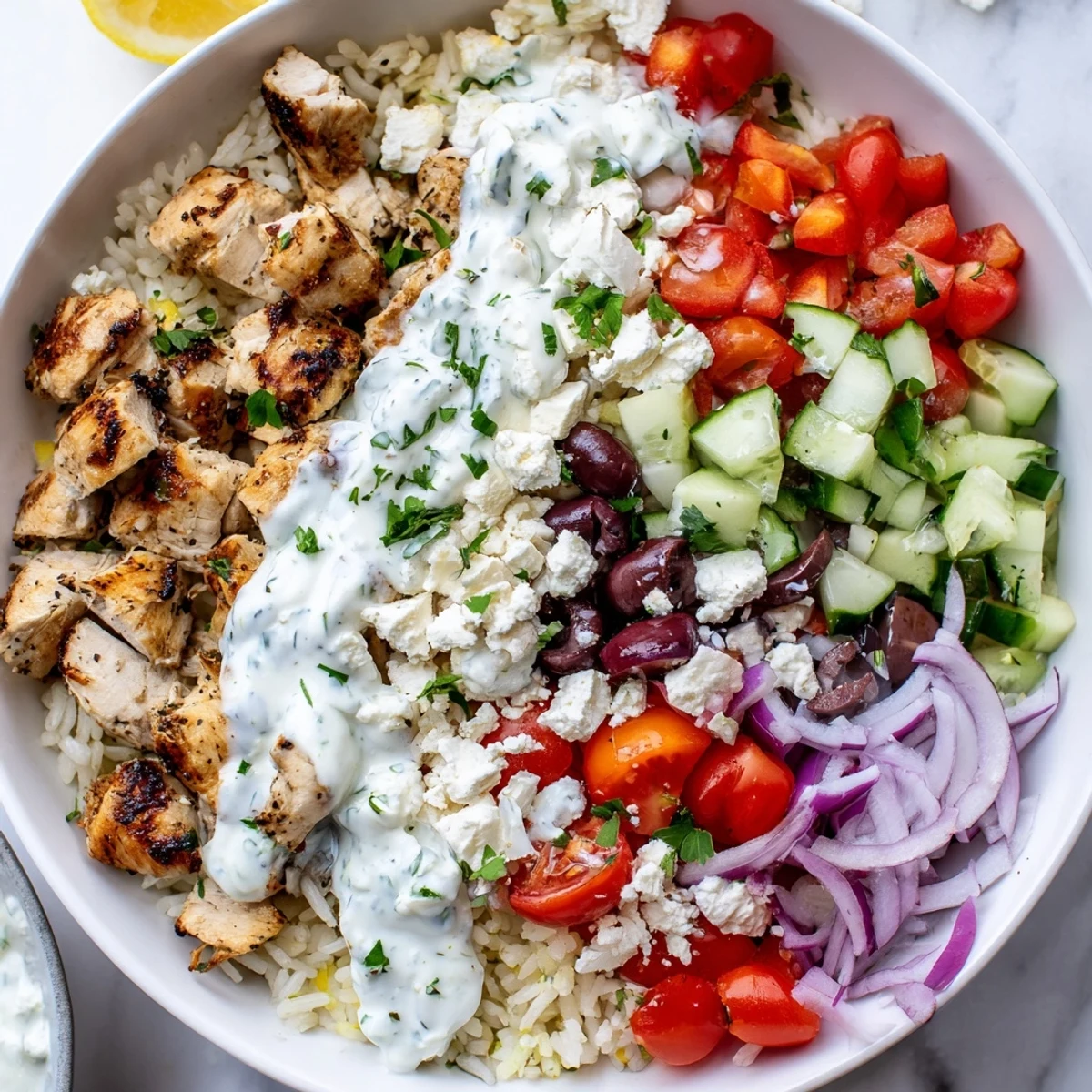 Vibrant Greek Chicken Bowls featuring grilled spiced chicken over rice with tzatziki sauce.