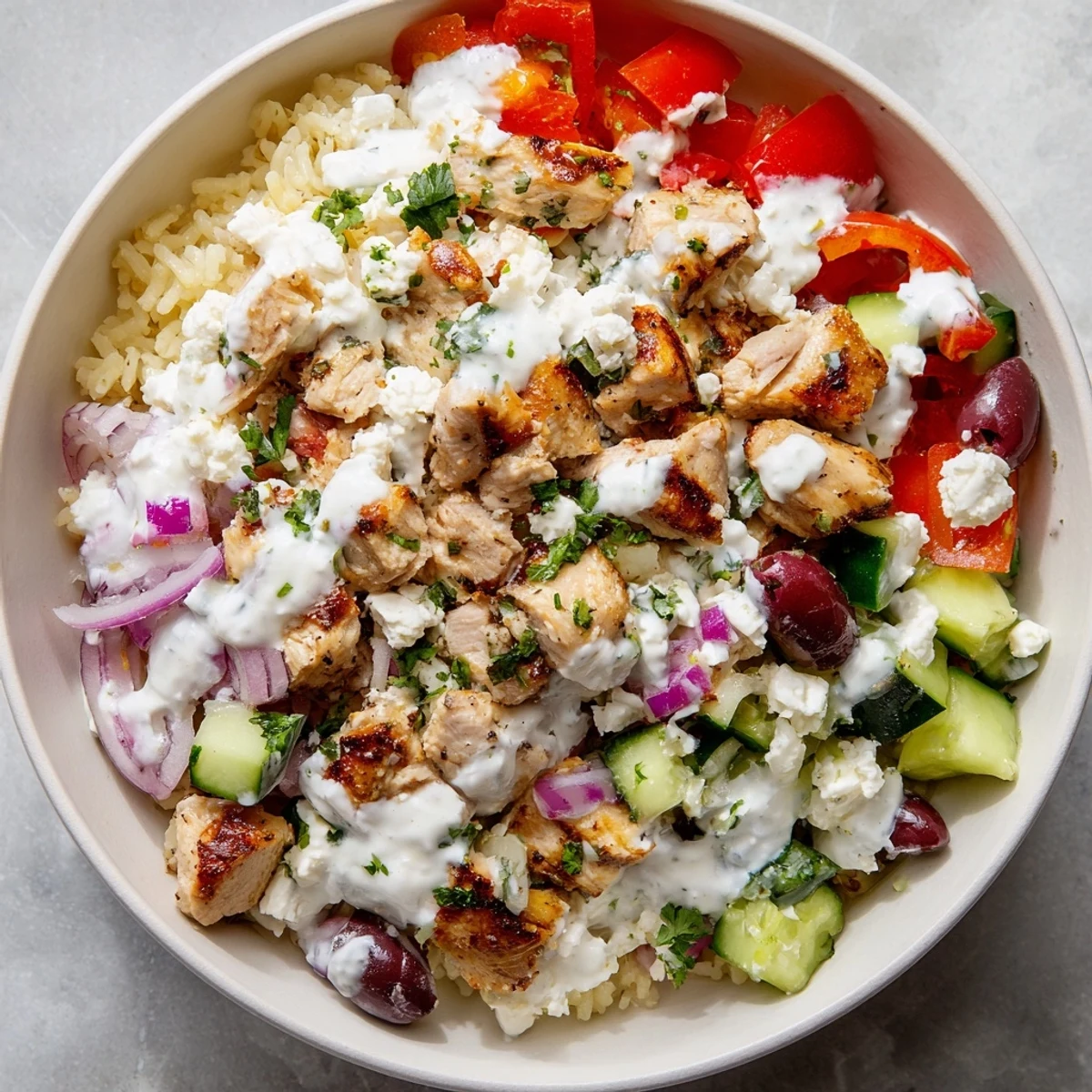 Homemade chicken gyro bowls served with fresh vegetables and cool cucumber yogurt.