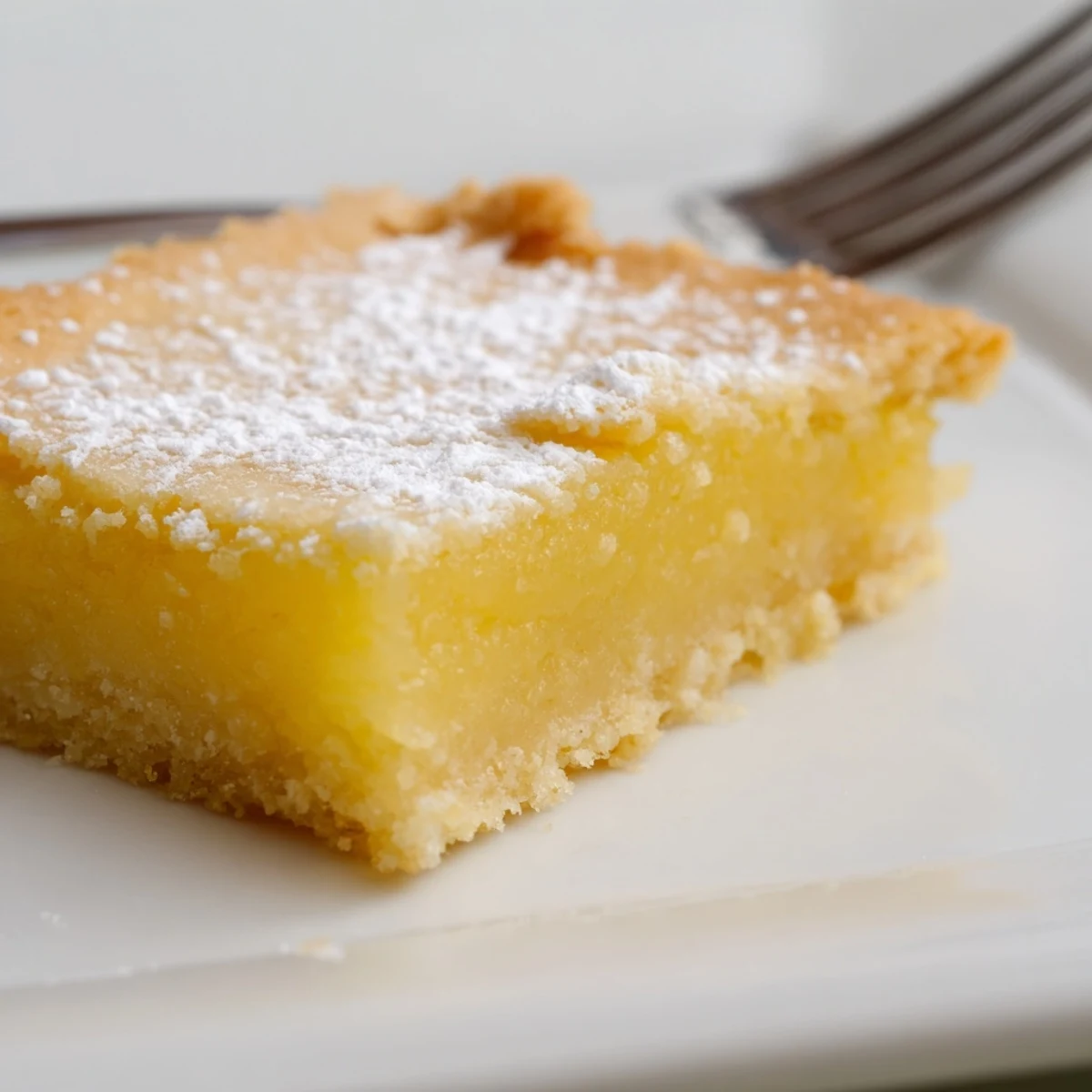 Close up of simple lemon bars sliced into triangles topped with powdered sugar