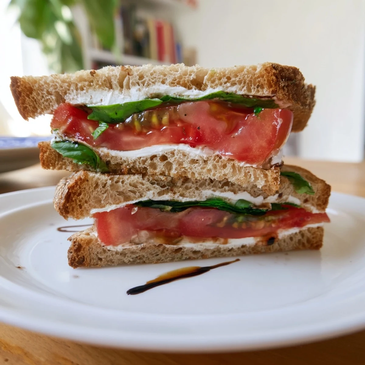 Golden brown toasted tomato sandwich layered with mayo, fresh basil, and ripe slices.  
