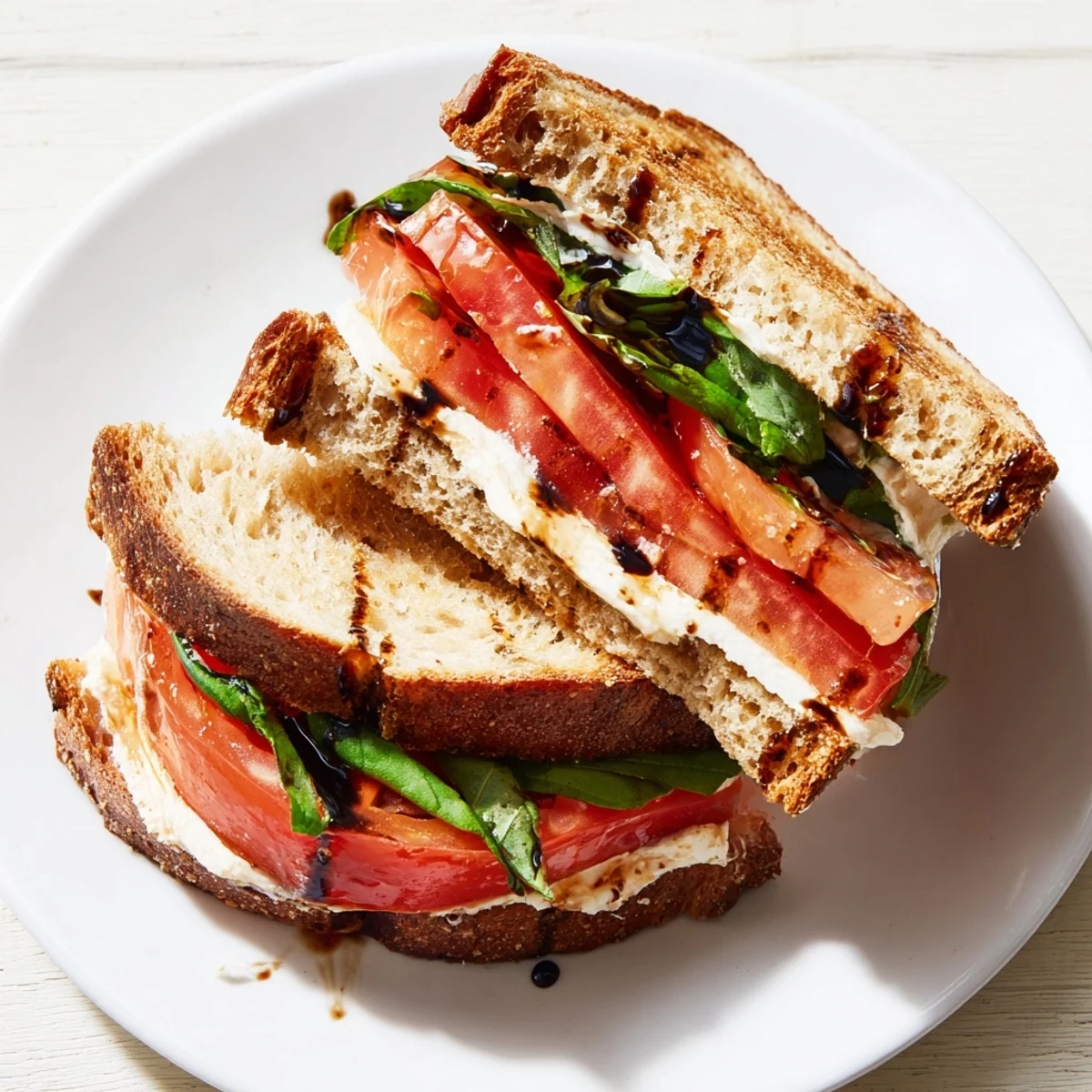 Close-up of a juicy tomato sandwich on a cutting board with cracked black pepper.  