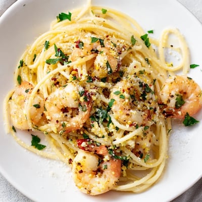 A steaming plate of Lemon Garlic Shrimp Pasta, showcasing plump pink shrimp nestled among al dente spaghetti strands.  