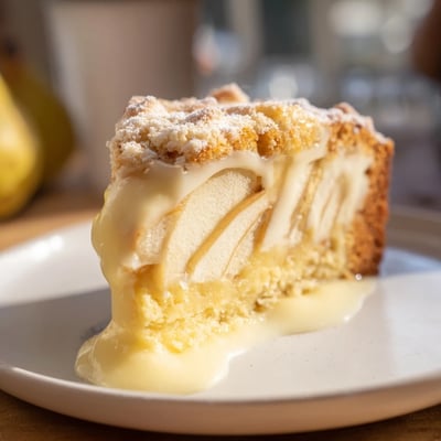 Irish Apple Cake with Custard presents warm spiced cake topped with demerara sugar and a drizzle of custard.