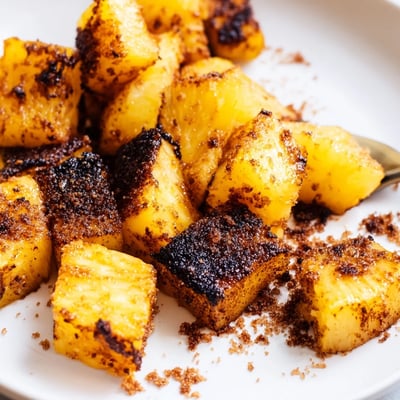 Warm air fryer pineapple chunks glistening with cinnamon sugar and caramelized edges