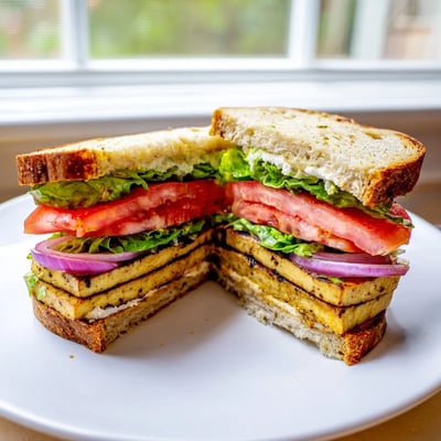 Crisp lettuce and golden smoky tofu layered between slices of hearty whole grain bread