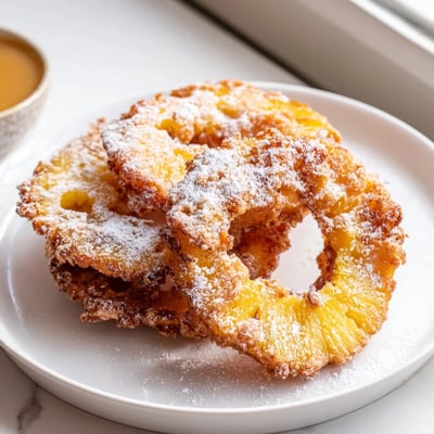 Crispy battered fried pineapple rings drizzled with warm caramel sauce for dessert