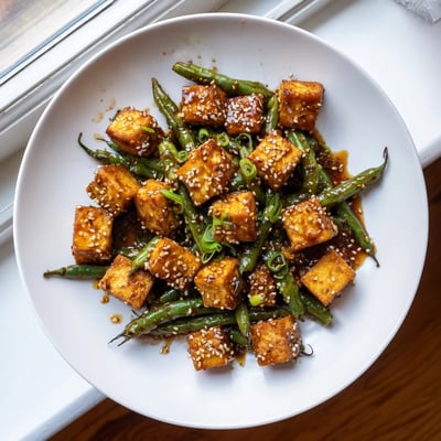 A wok-full of crispy black pepper tofu and green beans in glossy peppery sauce