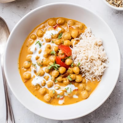 Comforting Greek Yogurt Chickpea Curry with spiced tomato sauce, warm naan.  