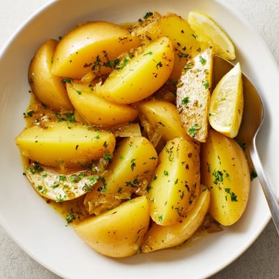 Warm Authentic Greek Lemon Potatoes Recipe plated with parsley, crisp edges, bright citrus