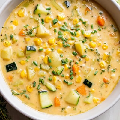 Golden summer corn zucchini chowder bursting with sweet kernels and tender garden vegetables