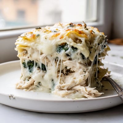Baked white chicken lasagna sliced to reveal rich ricotta and melted mozzarella