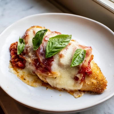 Creamy Chicken Valdostana smothered in bubbling cheese and light tomato basil sauce